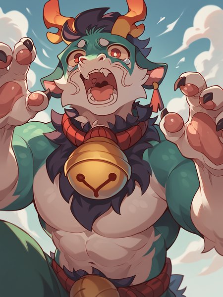 score_9, score_8_up, score_7_up, high quality, hires, male, solo, anthro, furry, buff body, scared, open mouth, from below, antlers, red eyes, bell, looking at viewer, claws, <lora:Greene:1>