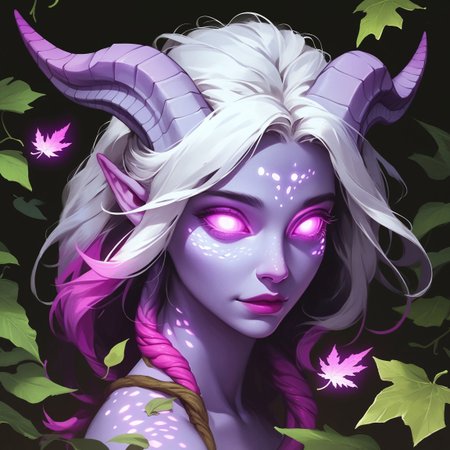 score_9,score_8_up,score_7_up, 1girl, dryad,  , leaf hair, white hair,  glowing  eyes, purple scalars,  purple eyes, flat colour eyes, mature, glowing freckles , , cute, tilted, 
pink streak in leaf, closeup, glow spots, black background, white skin, (glowing:2) (scales:0), glowing leaves, bloom, leaves, plant, draenei