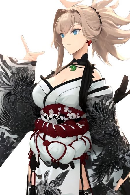 solo_focus, 1girl, ((white background, simple background)):2, (((masterpiece))), ((best quality)), ((ultra-detailed)), high resolution, absurdres, highres, ultra-detailed 8k unity wallpaper, 
fsrMusashi, hair ornament, necklace, earrings, white kimono, cleavage, sash, black thighhighs