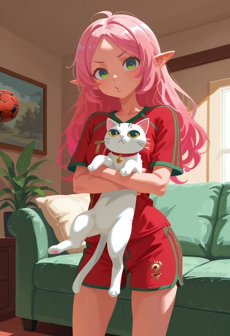 solo,
living room, holding cat, o3o,
elf girl, skinny, pink hair, green eyes, red soccer jersey with green trim,
t4kar4i_illu, no_outlines, no lineart,
masterpiece, best quality, absurdres, [dynamic pose]