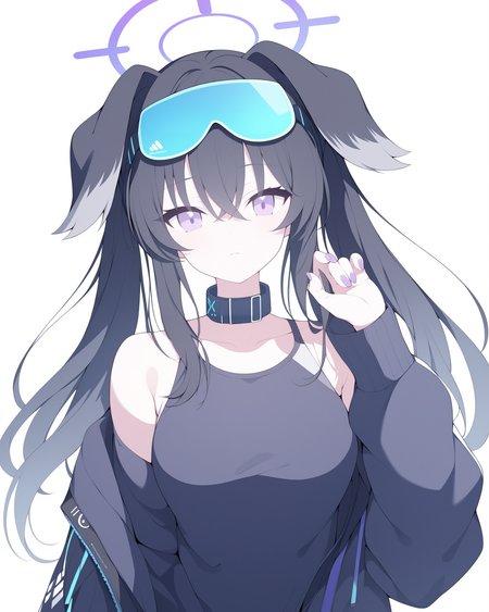 Best-A,jyt,1girl, absurdres, animal_ears, bare_shoulders, black_hair, blue_archive, blush, breasts, closed_mouth, collar, collarbone, dog_ears, dog_girl, eyewear_on_head, goggles, goggles_on_head, hair_between_eyes, hair_ornament, halo, hand_up, hibiki_\(blue_archive\), highres, jacket, jewelry, jyt, long_hair, long_sleeves, looking_at_viewer, medium_breasts, nail_polish, off_shoulder, open_clothes, open_jacket, purple_eyes, purple_nails, simple_background, solo, twintails, white_background
,score_9,score_8_up,score_7_up,source_anime,best_quality,masterpiece,perfect_body, <lora:tpn3-5.5-R-Sytle-400artist:0.95>