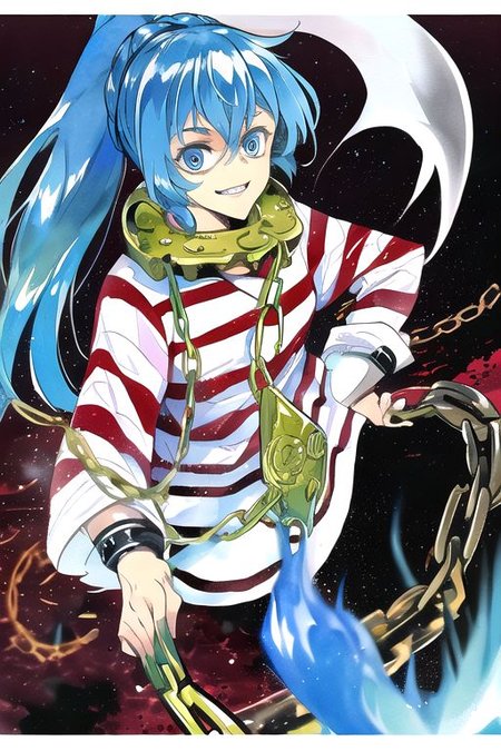 solo, 1girl, solo_focus, ((too many)):16, 
watercolor (medium), traditional media, 
miyadeguchi_mizuchi, solo, 1girl, smile, shirt, long_sleeves, skirt, hair_ornament, teeth, ponytail, chain, cuffs, blue_hair, shackles, long_hair, chains, striped_shirt, striped, skull_hair_ornament, blue_eyes, hair_tubes, bags_under_eyes, ghost, glowing_eyes, wide-eyed, spirit,