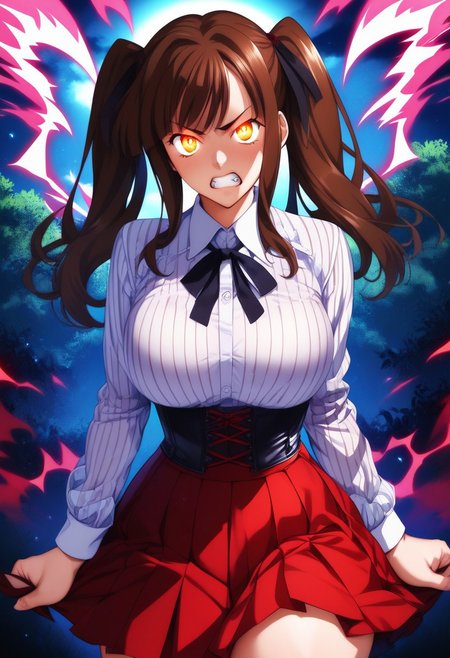 score_9, score_8_up, score_7_up, score_6_up,realistic ,Murayama, 1girl, brown hair, brown eyes,  two ponytails, Big breast, wide hips, collared shirt, long sleeves, black ribbon, neck ribbon, vertical-striped shirt, black corset, dark red skirt, pleated skirt, frilled skirt, furious face, teeth, angry,  clenched teeth,   looking at viewer, bush, dark aura, dark ,dark energy, bristly hair, ((glowing eyes)),