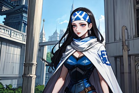 highly insanely detailed, masterpiece, top quality, best quality, highres, 4k, 8k, RAW photo, (very aesthetic, beautiful and aesthetic),  
beth_\(megami_tensei\),bethsmtii,shin megami tensei ii,long hair,black hair,straight hair,sleek black,jewelry,cross,headband,red_lipstick,messian_cross_earrings,cross_earrings,religious_earrings,messian_symbol_jewelry,bandana_with_messian_symbol,Religious_bandana,symbol_headband,messian_church_bandana,white cape,cape_with_messian_symbol,Religious_cape,messian_symbol_cape,holy_knight_cape,Blue_dress,armored_corset,blue shirt,katana,sword, 
<lora:zs_Beth:0.5>, 
(1girl:1.3), 1other, 
architecture,bridge,east asian architecture,lantern,letterboxed,pagoda,tower,torii,tower,watercraft,ivory white background,âââ