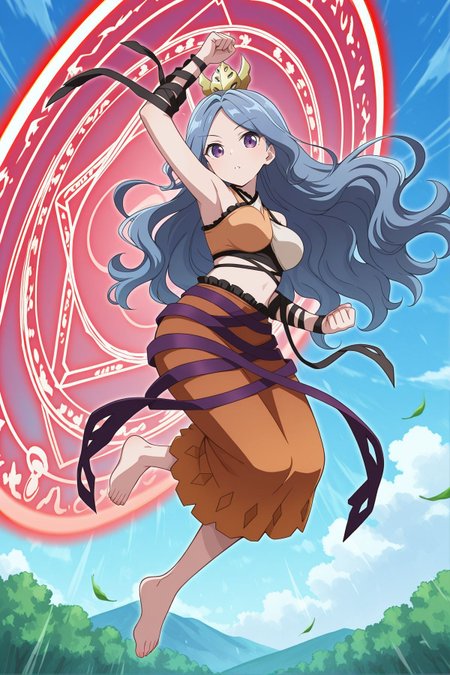 absurdres, highres, masterpiece, best quality, amazing quality, official anime artwork, screencap, anime screencap, outdoors, looking at viewer, dynamic pose, 
 <lora:Ubame-Chirizuka_Illustrious:1> chirizuka ubame, 1girl, solo, purple eyes, blue hair, long hair, wavy hair,, gold crown, bare shoulders, multicolored crop top, sleeveless shirt, black arm wrap, black ribbon, midriff, orange skirt, purple ribbon, bare foot, 
day, (danmaku:1.3), floating hair, clenched arm, leaf, sky, midair, red magic circle, flying,