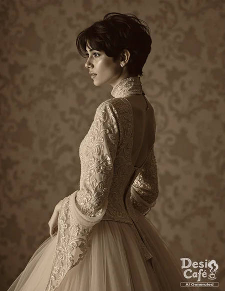 vintage sepia photo of sum1t s1ngh woman, hyper realistic photo that is safe for work, shouting, studio quality image, well dressed wearing intricate long sleevedhigh necked evening gown, hair styled as messy pixie,muted shaded background that contrasts with the person, cinematic lighting,âââââ <lora:Sum1t_S1ngh_Flux_Kohya_V1:0.8>âââ