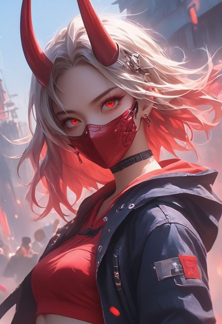 WLOP art style, Digital painting style visual effects, real humans, (Korean girl), Temari, looking at the audience, female, ((With straight one pair Oni Horns on On the forehead)), (((solo))), Innocent eyes and smile, ((((pigtails)))) ,white hair, short hair, ((abs)), ((((navel exposed)))), ((abs)), ((((navel exposed)))), black short Hoodie, red long-sleeved top, tight denim hot pants, long legs, clear face, ruby ​​red eyes, holding a gun, gun in hand, looking up, bright eyes, clarity, movie shot, (full body), complex Details, 8k post-production, faithful and colorful movies,