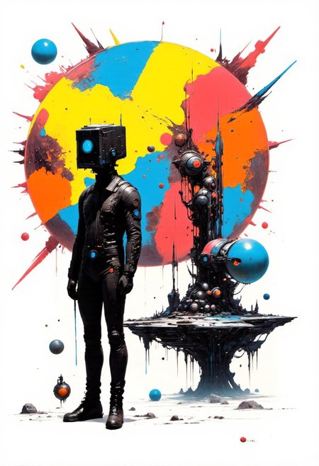 abstract style . abstract oil painting of a man with a cube for a head, his body posed in a contemplative stance. The surreal artwork blends rich, thick brushstrokes with vibrant splashes of color, creating a dreamlike atmosphere. His cube-shaped head is detailed with subtle shading, giving it a three-dimensional look, yet it remains stark and expressionless. In the background, chaotic geometric shapes float and twist in random directions, adding a sense of confusion and complexity. Bright paint splatters and smears of bold colorsared, yellow, blueadecorate the canvas, adding texture and energy to the scene. The overall composition evokes a sense of surrealism and abstraction, with the boundaries between the man and the background blurring in artistic, fluid motion. <lora:Risograph_Style_FLUX_by_Ethanar-000001.safetensors:1.0>,  <lora:artisketchyfs-v02.safetensors:0.25>,  <lora:artilands.safetensors:0.75>,  <lora:The Weirdies [Flux]_R.safetensors:1.0>,  <lora:Sci-fi_env_flux.safetensors:0.75>,  . non-representational, colors and shapes, expression of feelings, imaginative, highly detailed, CharacterDesignFLUX, reference sheet,white background,simple background,multiple views, upper body, front, from side, color palette reference
