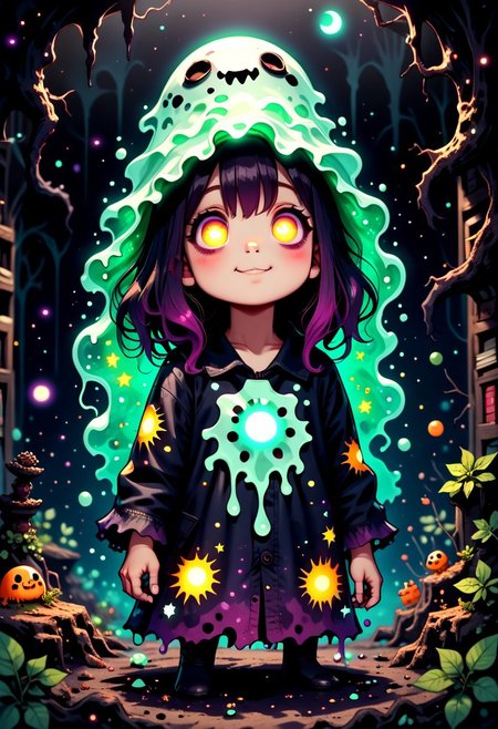 score_9, score_8_up, score_7_up, a cartoon character with glowing eyes and a glowing face stands in a dark tunnel, adorable glowing creature, a cosmic entity made of stars, mysterious black slime, cute detailed digital art, radiant slime trail, cute funny ghost, cosmic horror creature, cosmic entity, cosmic horror entity, cosmic horror illustration, borne space library artwork, cute art, obsidian slime, cosmic horror style, vibrant colors, high contrast, smooth & soft gradients, stylized realism, cartoon-like details, dreamy, warm colors