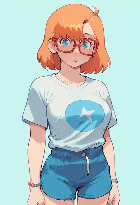 score_9, score_8_up, score_7_up, score_6_up, source_cartoon, 1girl, solo, 
 sexy hips, shiny skin, 
ritacolo, thin rimmed glasses, short orange hair, blue eyes, light freckles, pudgy, large breasts, loose light blue t-shirt, shorts, looking at viewer, furrowed brow, parted lips
 upper body, close up, blank background
