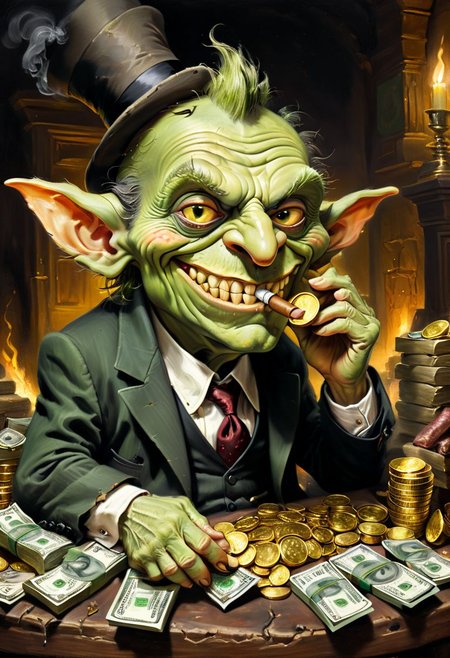 A repulsively intriguing mobster goblin, greedily counting stacks of gold coins and cash while puffing on a large cigar. The goblin's twisted features are exaggerated, with bulging eyes, crooked teeth, and leathery, wrinkled skin. This vivid portrait, possibly a painting, captures every grotesque detail in stunning clarity. The goblin's filthy, tattered clothing and grimy surroundings contrast sharply with the gleaming wealth he hoards, creating a mesmerizing and disturbing scene.