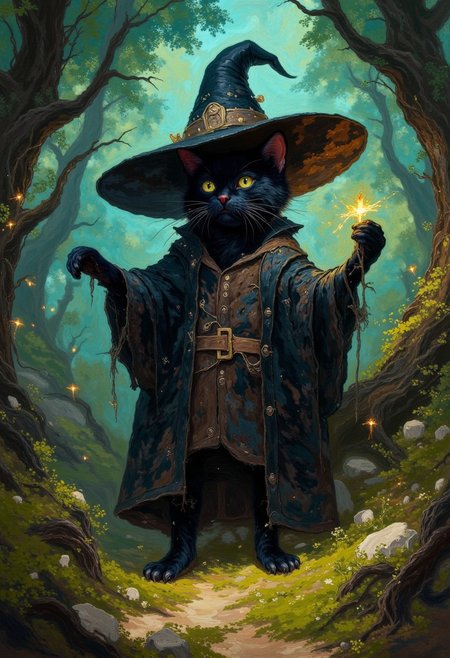 A bipedal black cat wearing a huge oversized witch hat, a wizards robe, casting a spell,in an enchanted forest. The scene is filled with fireflies and moss on surrounding rocks and trees,DB4RZ, DB4RZ style painting
