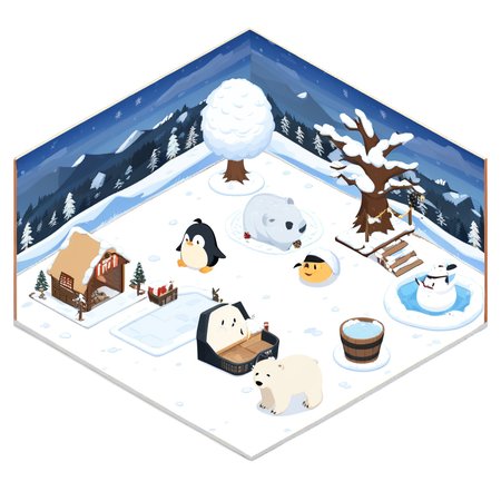 masterpiece,best quality,<lora:backyardtheme_a3:1>,backyardtheme, polar_bear, penguin, no_humans, tree, snowman, house, hat, outdoors, ladder, animal, winter, isometric, food