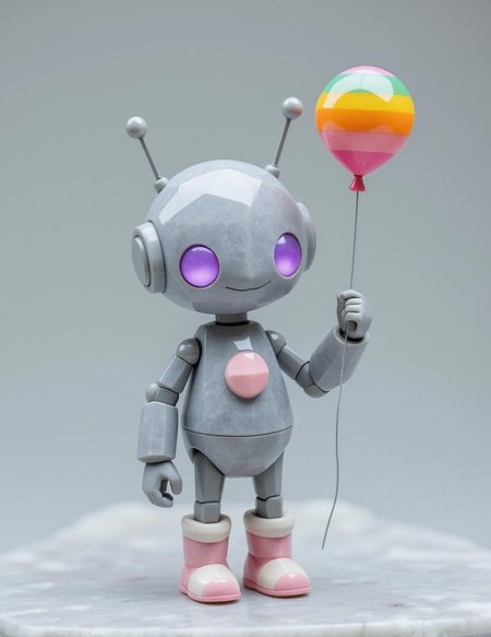 <lora:ck-polygon-gems-0019.safetensors:1> a crafted gemstone model in the style of cklg featuring a
A grey-sphere robot with large purple eyes and small antennas on its head stands on a plain grey background. It holds a striped rainbow balloon in one hand and rests the other on its hip, sporting pink and white boots. Its metallic body is sleek and shiny, with a small circular chest plate and thin limbs. The overall aesthetic is that of a cartoonish, child-friendly design, with an airbrushed finish and soft lighting. No shadows or watermarks mar this smooth, rounded form, exuding a friendly, happy expression.