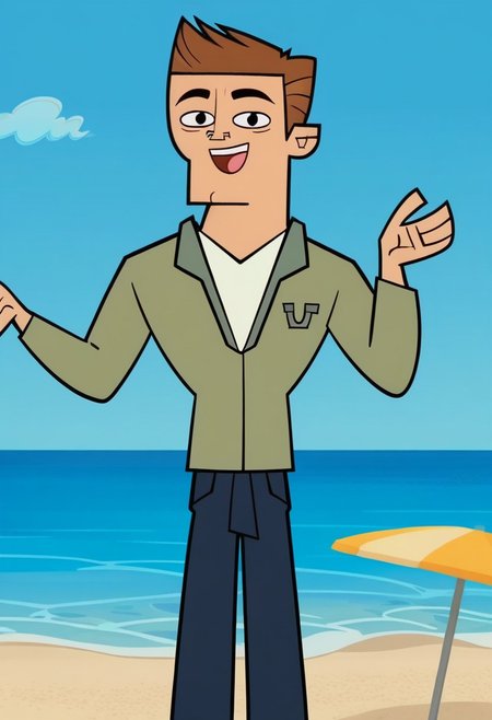 Score_9, cartoon source, toon source, DON, 1boy, solo, Brown hair, black eyes, thin eyebrows, black pupils, round pupils, light green shirt, white shirt, blue pants, happy, beach, blue sky, sunny.