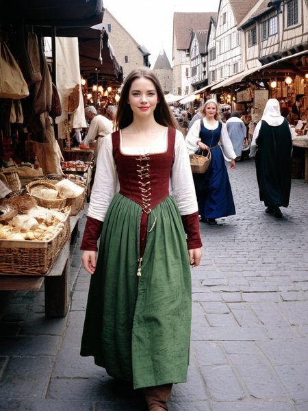 Analog photo of Nellie_LaPlace_P_MXAI_SDXL wearing a medieval peasant dress, walking through a medieval city market