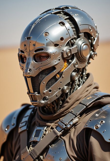 ajchrobo, a edwinabbey1 painting of His futuristic egypt inspired helmet with an digital Display Visor Showing ASCII Art glitches, and shoulder pauldron Closeup shot of a high reflecting metallic Finish mechanical knight in a desolate bleaked desert backdrop, amidst a fierce thick sandstorm, bad sight, dense atmospheric haze and fog, volumentric backlighting
