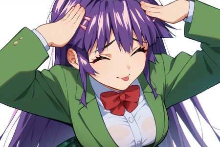 score_9, score_8_up, score_7_up, score_6_up, source_anime, 1girl, solo, <lora:shiinachizuru-pdxl-nvwls-v1-000005:1> schzru, purple hair, long hair, purple eyes, hairclip, large breasts, anime coloring, green blazer, red bow, bowtie, green skirt, plaid skirt  <lora:AhEtoBlehMeme_pdxl_Incrs_v1:1> AhEtoBlehMeme, closed eyes, tongue out, :p, hands on own head, smile, white background, simple background