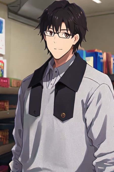 solo, 1boy, solo_focus, AkabaneP, black hair, brown eyes, glasses