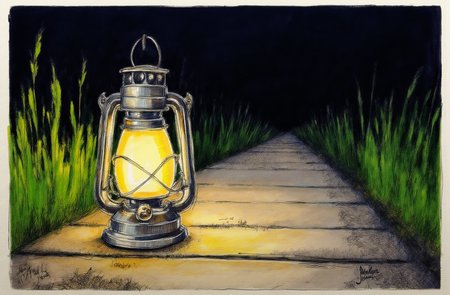 Sharp image of a rough sketch, rendered in vibrant multi colour ballpoint pen, capturing the adorable features of an old-fashioned lantern on a wooden pathway in a garden at night. The lantern is made of metal and has a handle on top and a spout on the side. The light from the lantern is turned on, casting a warm glow on the surrounding greenery. The background is dark, making the lantern stand out even more. The pathway is lined with tall grasses, creating a peaceful and serene atmosphere. The overall mood of the image is peaceful and contemplative.  p3nsk, <lora:p3nsk:1>