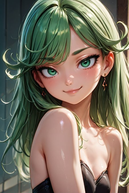masterpiece, best quality, 1girl, solo, beautiful eyes, zzTatsumaki, green eyes, green hair, black dress, smile, smug, <lora:TatsumakiIXL:1.0>, ,<lora:BeautifulCAT_IXL_v2:1.0>, upper body, side view, smile, looking at viewer, shiny skin,