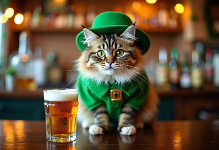 A professional photograph of a cute fluffy cat with big green eyes wearing a leprechaun costume, sitting on a bar with a pint of beer, Irish pub in the background, St. Patrick's Day decorations, festive and whimsical