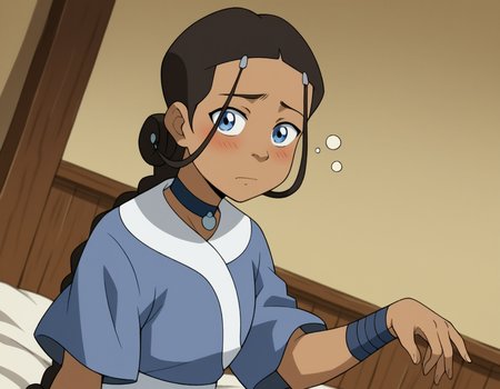 score_9, score_8_up, score_7_up, source_anime, <lora:katara-book2-ponyxl-lora-nochekaiser:1>, katara, long hair, blue eyes, brown hair, black hair, hair ornament, hairclip, braid, single braid, braided ponytail, dark skin, dark-skinned female, choker, short sleeves, robe, blue robe, sash,, indoors, bed, bed room, on side, blush, drunk, looking at viewer, solo, cowboy shot, dutch angle