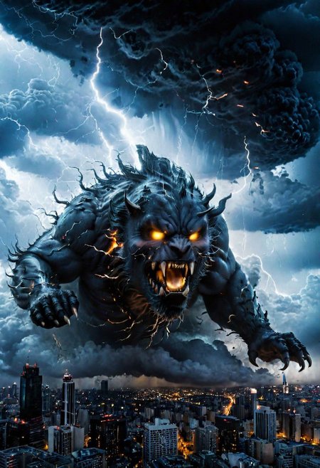 black clouds, rain, lightening, dark, night, ( beast appears from the rolling cloud), The beasts looks down as he towers above the city below,  nightmare