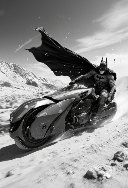 A dynamic black-and-white digital illustration of Batman speeding through a dusty, windswept landscape on a futuristic Batcycle, his cape billowing dramatically behind him as debris and sand swirl in his wake, with intense lighting highlighting the sharp details of his armored suit and the sleek, angular design of the bike, creating a high-energy, cinematic atmosphere, ultra-detailed, 4K resolution.,aidmaimageupgrader, aidmaMJ6.1 <lora:aidmaImageUprader-FLUX-v0.3:0.4> <lora:aidmaMJ6.1-FLUX-v0.5:0.7>