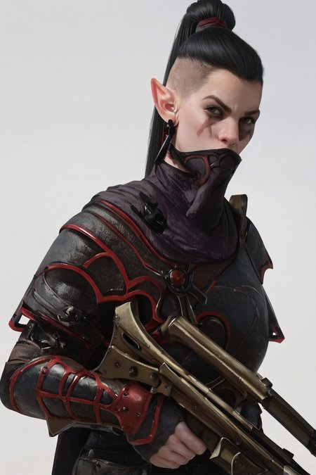 hires digital photo, photorealism, simple white background, upper body, profile, face focus, DEShade, looking to the side, pointy ears, black hair, scar, earrings, armor, mask, dual wielding, holding two crossbows , holding one crossbow over shoulder, <lora:Dark_Elf_Shade_Warhammer_Fantasy_PonyXL:0.8>, intricate details, high resolution,, PonyXL_Scores