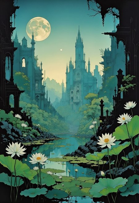 Lotus flowers on a pond in the moonlight , tall apocalyptic ruins in the distance, ethereal mysterious