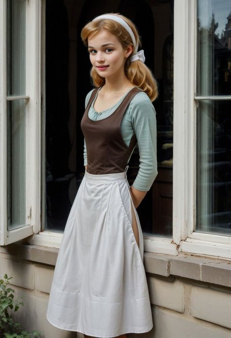 Ultra Realistic, full body shot,  Cinderella,  everyday-dress, white apron, leaning on the edge of the window,  view from outside