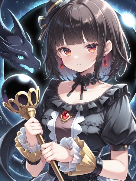 blunt bangs,moon of the closed heaven,1girl,solo,red earrings,holding staff,staff,looking at viewer,upper body,closed mouth,blush,collarbone,black frilled choker,black mini hat,black princess dress,yellow wrist cuffs,solar eclipse,black dragon,1other,space,
masterpiece,best quality,amazing quality,very aesthetic,apussbsurdres,newest,<lora:Moon of the Closed Heaven illuXL v1.1:0.72>,