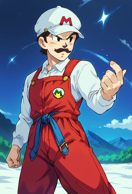 score_9,score_8_up,score_7_up,score_6_up, ,source_anime,2d, cowboy shot,shuto uke fighting stance,
BREAK
1boy,
Mario, white m cap,((red overalls)), moustache,white shirt,
BREAK,
Mountainscape, Mountain, night, starly night, clouds,