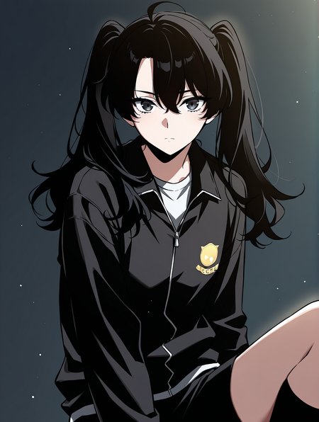 <lora:Omniscient_Readers_Viewpoint__Yoo_Mia:1>
1girl, solo, black hair, long hair, twintails, low twintails, hair between eyes, ahoge, black eyes, 
black zip jacket, white shirt underneath, black shorts, black socks,
score_9, score_8_up, score_7_up, score_6_up, source_anime, rating_explicit, masterpiece, best quality, intricate details, gothic fantasy, upper body portrait, dramatic pose, confident gaze, cinematic lighting, clean background, glowing magical particles, detailed face, vibrant colors