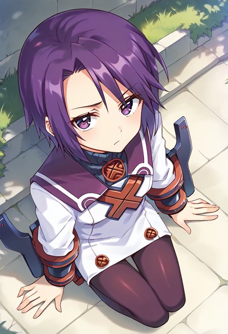 score_9, score_8_up, score_7_up, best quality, uncensored, source_anime, BREAK
1girl, toris(sn2), purple hair, short hair, purple eyes, white dress, long sleeves, toris(sn2) outfit, purple pantyhose, gauntlets, black shoes,
from above, Bored, A slack jaw, drooping eyelids, and a slightly uninterested gaze.,
looking at viewer, outdoors, 
<lora:sdxl_lightning_8step_lora:1> <lora:toris(sn2)_XL(pony):1>