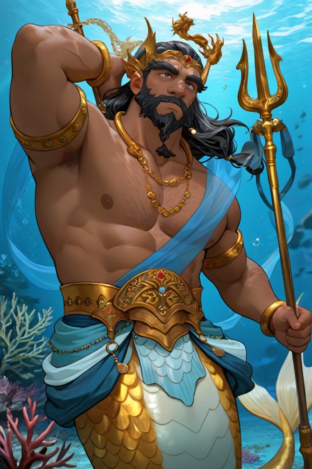 best quality, amazing quality, very aesthetic, absurdres, newest, dynamic angle, intricately detailed illustration, depth of field, masterpiece, volumetric lighting, expressive, dynamic action, masterpiece, perfect, clean detail, clean lines, smooth shading, 
BREAK,  simple background, regal pose, underwater, holding trident,
BREAK, 1boy, male focus, solo,coralkrakatoa,black hair,greying hair,long hair,beard,braid,dark skin,thick eyebrows, adult, mature, bara, bulky, merman, gold scales, beard ornaments, crown, armlet, gold bracelets, gold dragon necklace, ornamental gold belt, blue sash, 
