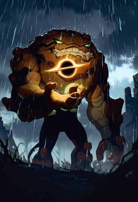 masterpiece, best quality, amazing quality, very aesthetic, absurdres, newest,, detailed background, 
 movie scene, cinematic scene, cinematic, 
gravitack, crooked teeth, 1boy, armor, monster, green eyes, solo, massive arms, big hands, brown skin, 
HoldingBlackHole, hand up,, night time, heavy rain, grey sky, puddles, rtx, cloudy sky,
