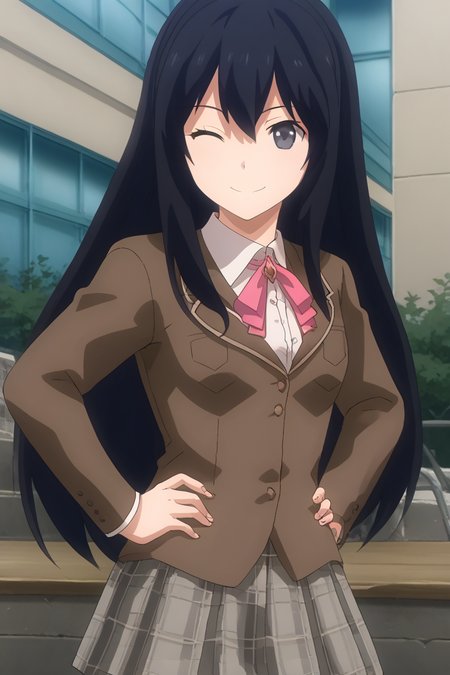 1girl, solo, ayamenb, black hair, long hair, black eyes, brown blazer, white shirt, pink ribbon, neck ribbon, grey skirt, plaid skirt, school uniform, outdoors, school, campus, standing, cowboy shot, hands on hips, wink, smile
