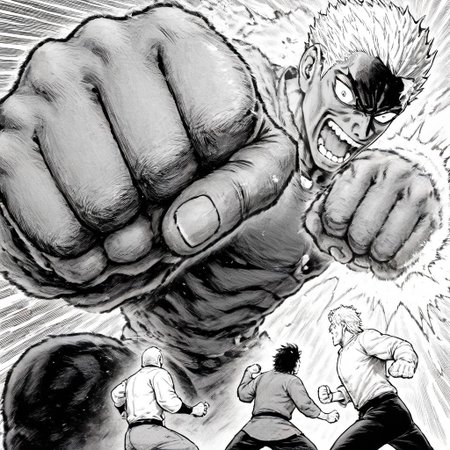 masterpiece, best quality, newest, absurdres, highres, EMPILV1.0, manga, monochrome, greyscale, OTV1.0, OTV1.0-OPM, fist, punch, punching, incoming attack, giant, size difference, height difference, 
2boys, multiple boys,