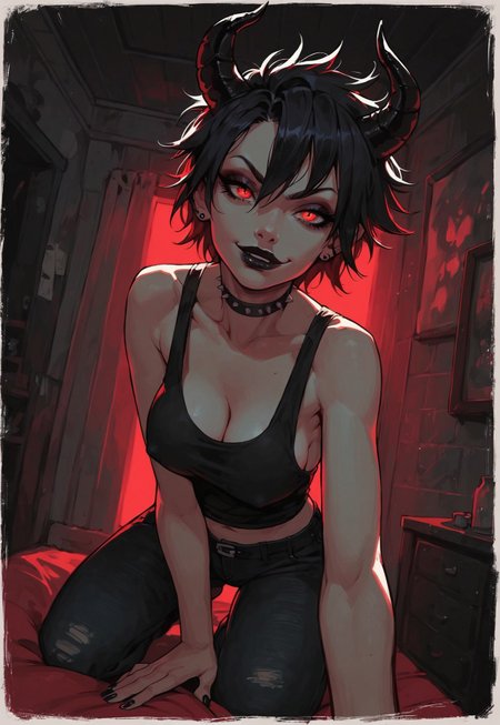 score_9, score_8_up, score_7_up, score_6_up, aesthetic ,  punk, demon, black horns, indoors, bedroom, pov,  night, punk shirt, black jeans. teasing expression, playful,  nipple peek, big eyes, solo,  dutch angle,  g0thicPXL,  (big lips:0.6), medium breasts, sideboob, choppy hair, short hair, cleavage, red eyes, red-black lips, smirk, downblouse, sagging breasts, solo, nipple bulge