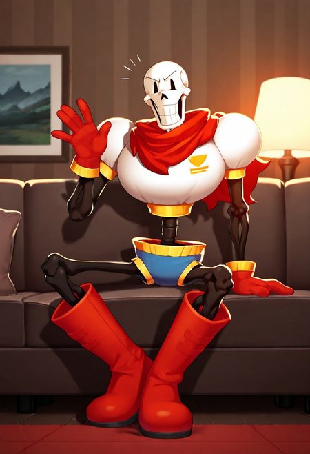 (((beautiful, high quality))), score_9, score_8_up, score_7_up, score_9, score_8_up, score_8, masterpiece, best quality, unrealistically high details, extremely high quality, ultra high detail, good anatomy, best shading, best lighting, ((1boy, solo)) relaxed pose, 
Papyrus, skeleton, red scarf, white chest armour, blue shorts, red boots, red glove's,
Sitting on a couch, living room, waving at the camera,