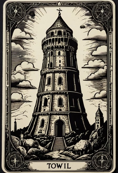 tarot_card, tower, front perspective, flat, frame,( square:1.1), (white outline:1.2)  <lora:tarot_card:1>