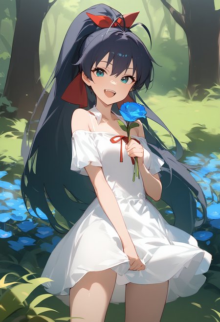1girl, 
ganaha hibiki,  
short sleeves, open mouth, teeth, white dress, outdoors, bare shoulders, antenna hair, smile, tree, red ribbon, green eyes, hair ribbon, nature, green hair, holding flower, forest, flower, collared dress, upper teeth only, ponytail, dress, solo, standing, ribbon, very long hair, happy, long hair, blue flower, fang, grass, looking at viewer, holding, 
masterpiece, best quality, absurdres, sfw
 <lora:a31_char_new_ganaha_hibiki-000024:1> <lora:a31_style_koni-000010:0.8>