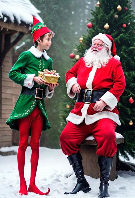 Raw photo of ((skinny elf boy)) meet fat Santa claus, elf boy wearing green clothes, fat Santa wearing red clothes, snowing:1.2, (text "Merry Christmas"),