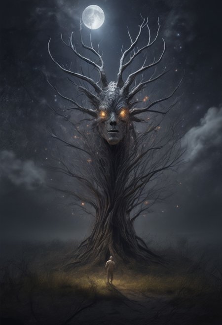 masterpiece,best quality,amazing quality,very aesthetic,absurdres,newest, huge filesize, absurd res, 
pascaH, no face, monster, grey skin, wrinkly body, horns, full body, side view, claws, forest, nighttime, stars, moon, trees, clouds, grass, fireflies, beautiful, glowing, scenery, dream view morph,