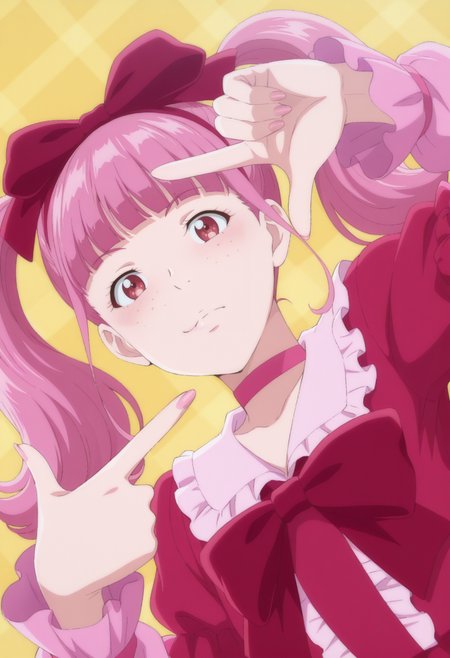 anime screencap, anime coloring, 1girl,  solo,    <lora:DX888TerukoIL:1> matsubara teruko, red eyes,freckles, pink hair, long hair, idol, frilled dress,  choker, hair bow, twintails,BREAK yellow background, plaid background, BREAK dutch angle,  from below, dynamic pose, posing, smile,       finger frame, lying, on side,  upper body,