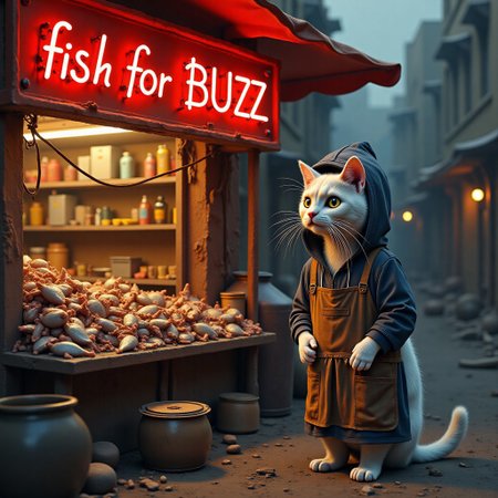 a realistic picture, , ((cute skinny  white cat wearing hoodie with apron standing in front of his fish stall in fish market, butcher's hat , win right hand he got fish, begging face,  on top of his street stall ,The neon signs glow warmly reads "fish for Buzz ", creating a nostalgic atmosphere (dynamic lighting:1,0),  background, ruined market after war, in midlle eastern country ,(intricate details,naturalism,hyperdetailed,hyperrealistic:1.55)
 mvpstrCE style 
((((Display the text help me with buzz!" on a movie poster)))). no human