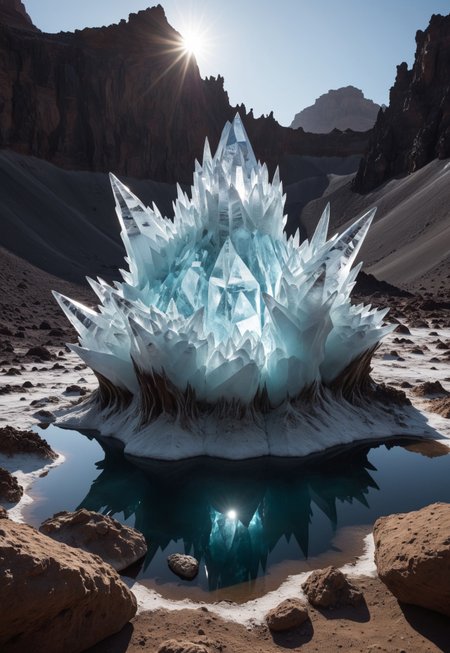 sc3n1ch0r1s0ns, environment, giant gloving crystal formation in the center of the crater, spikey crystals, fantastic fantasy, rocks, flat white desert, wet reflections, roots, , stones, magic light in the darkness,  cliffs at distance
 (8k uhd:1,4)
 <lora:add-detail-xl:1>
 <lora:Dynamic Poses:1>