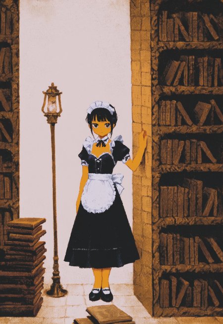 score_9, score_8_up, score_7_up, score_6_up, score_5_up, vermis style, gothic, maid, dusting old books, bookshelf, grand library, wall lamps, framed, dynamic color, dynamic background